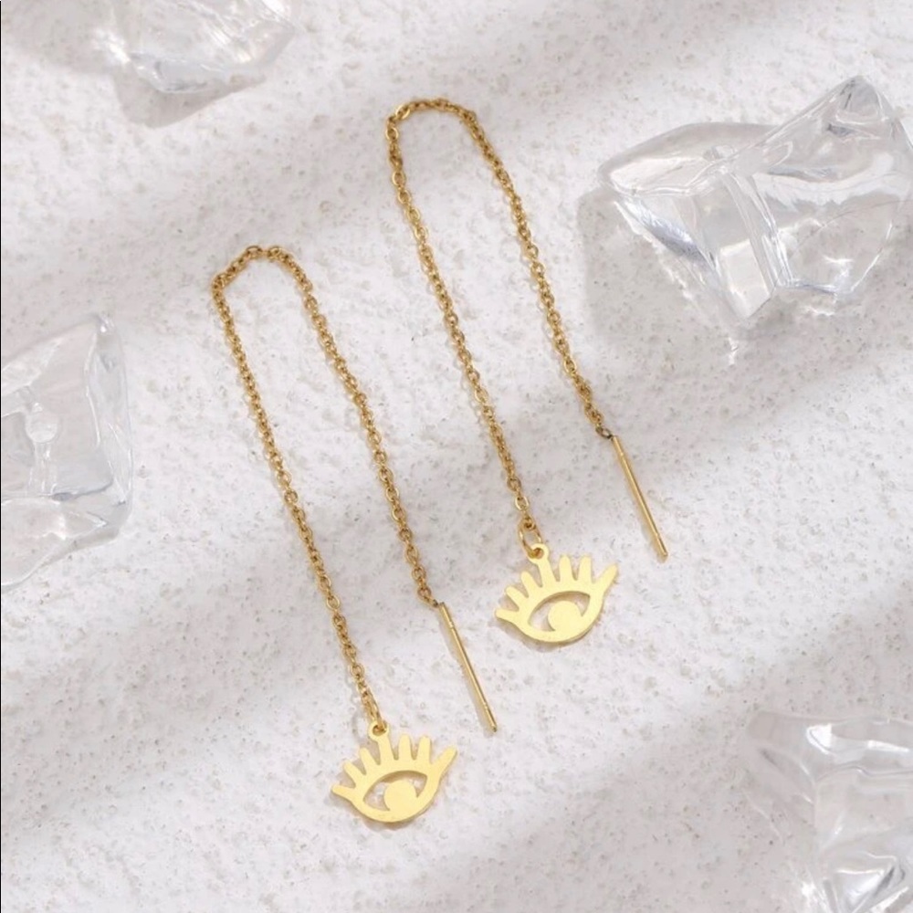 Gold Plated Stainless Steel Evil Eye Chain Threaders Earrings